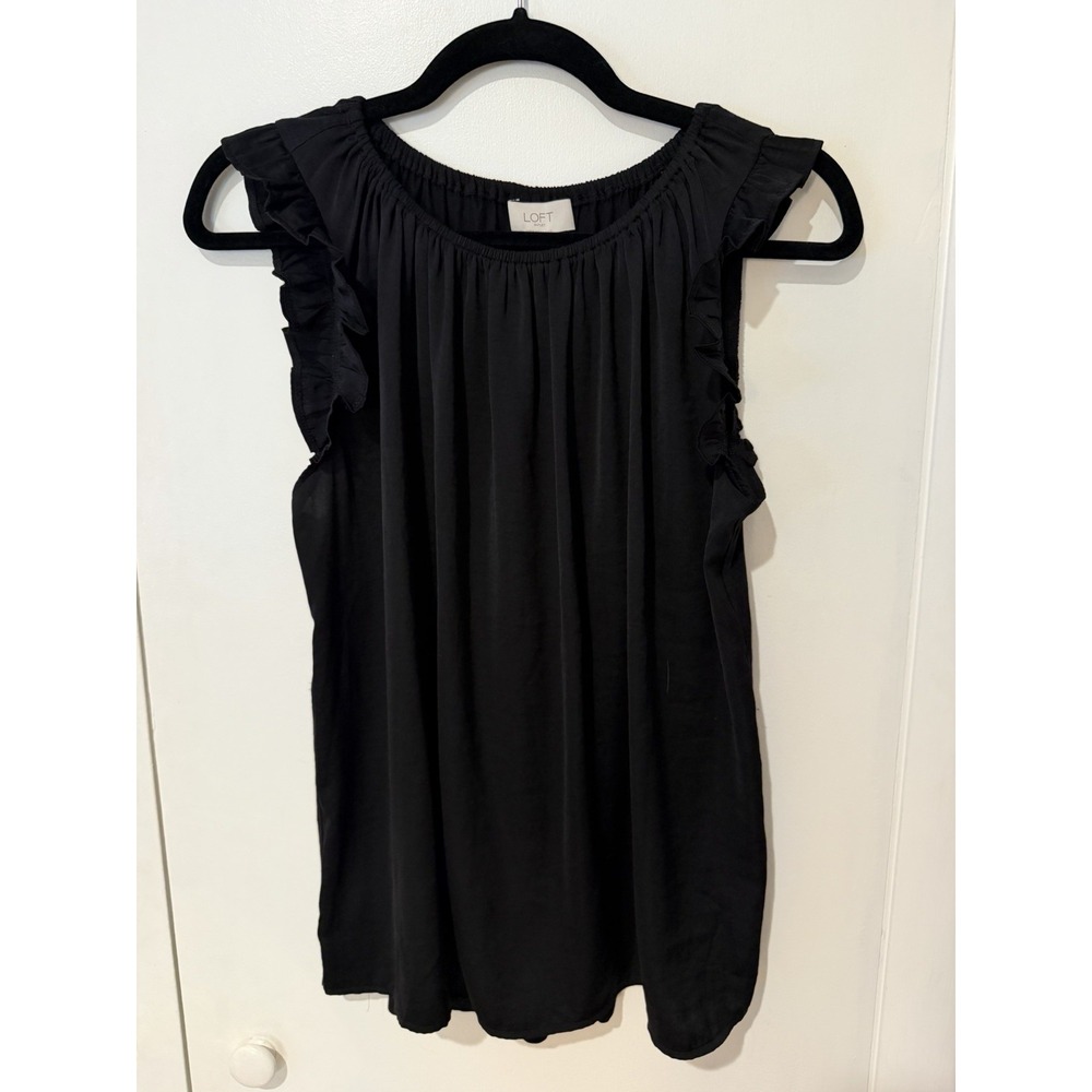 Ann Taylor Loft Black Sleeveless Blouse Top Ruffle Sleeve Size Medium Tank